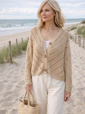 RD Style Open Knit Cropped Cardigan Beige Button Front Boho Lightweight Medium